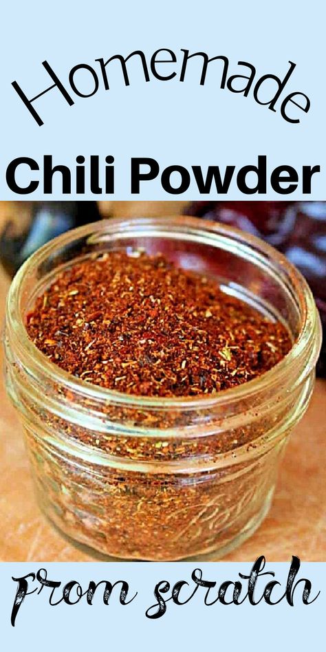 A jar of homemade chili powder on a table. Chili Powder Recipe, Homemade Chili Powder, Chili Seasoning Recipe, Homemade Chili Seasoning, Chilli Spice, Homemade Chilli, Homemade Dry Mixes, Ancho Chili Powder, Spice Blends Recipes