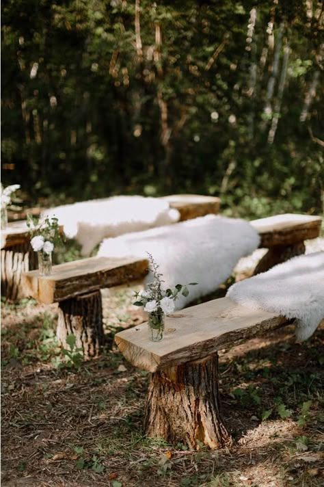 Shrek Wedding, Wedding Bench, Forest Wedding Reception, Forest Wedding Ceremony, Campground Wedding, Twilight Wedding, Forest Theme Wedding, Pagan Wedding, Cabin Wedding