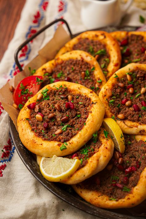 Sfeeha, Middle Eastern Meat Pies Arabic Meat Pies, Mesopotamian Food, Middle Eastern Charcuterie Board, Lebanese Sfeeha, Arab Dishes, Chaldean Recipe, Fae Court, Arabian Recipes, Arabic Dishes