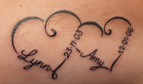 Tattoos With Kids Names For Moms Boys, Heart Tattoo Designs With Names, Tattoo With Kids Names For Moms, Meaningful Tattoos For Moms With Kids, Tattoo Ideas Kids Names, Small Tattoos For Moms With Kids, Tattoo Ideas With Kids Names, Womens Forearm Tattoo Ideas Unique, 2 Kids Tattoo Ideas For Moms