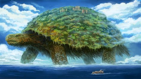 floating green turtle island digital wallpaper digital art #nature #landscape #sea #animals #turtle #trees #ship #forest #building #clouds #birds #giant #waves #artwork #1080P #wallpaper #hdwallpaper #desktop Aha Aha, Story References, Lion Turtle, Giant Turtle, Yuumei Art, Dnd Creatures, World Turtle, Fantasy Things, Big Turtle