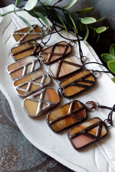 Runes of 10 types futhark Beige glass pendant. Druid Necklace, Tiwaz Rune, Fehu Rune, Runic Symbols, Celtic Runes, Stained Glass Necklace, Hexagon Necklace, Elven Jewelry, Tiffany Stained Glass