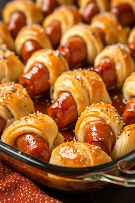 Smokies With Crescent Rolls, Caramelized Pigs In A Blanket, Mini Weenies Wrapped In Crescent, Harry Potter Pigs In A Blanket, Little Smokies In A Blanket, Smoked Weiners Lil Smokies, Best Catered Food Ideas, Glazed Pigs In A Blanket Recipe, Pigs In A Blanket Thanksgiving