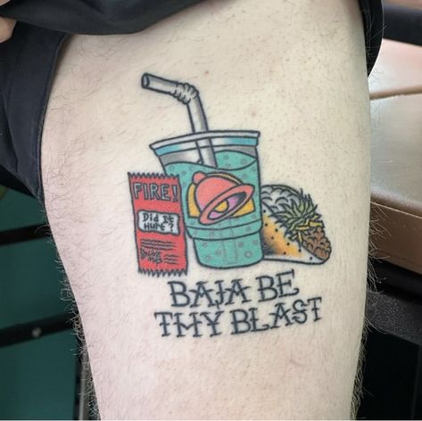 Get In Loser Tattoo, Baja Blast Tattoo, Alcoholic Tattoo Ideas, Blast Tattoo, Blast Over Tattoo, Baja Blast, Mtn Dew, Piercing Inspo, Keychain Ideas