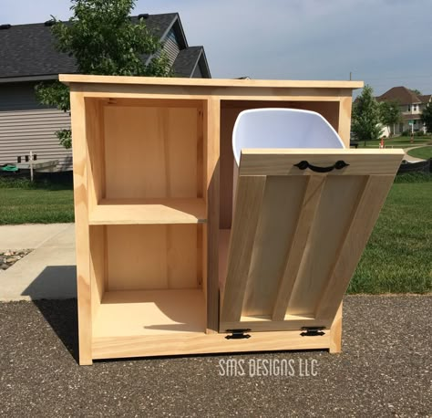 Trash Can Storage Kitchen Diy Plans, Trash Can Storage Kitchen Small Spaces, Wood Trash Can Holder, Wooden Trash Can Holder, Tilt Out Trash Can Cabinet, Tilt Out Trash Can, Wooden Trash Can, Hide Trash Cans, Can Cabinet