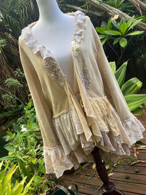 Voluptuous Bohemian shabby chic magnolia pearl inspired tattered jacket artsy embellished upcycled whimsical BohobyDarija Plus Size Shabby Chic Outfits, Boho Event, Recycle Fashion, Chic Jacket, Altered Clothing, Shabby Chic Clothes, Recycled Clothing, Upcycled Clothes, Sew Easy