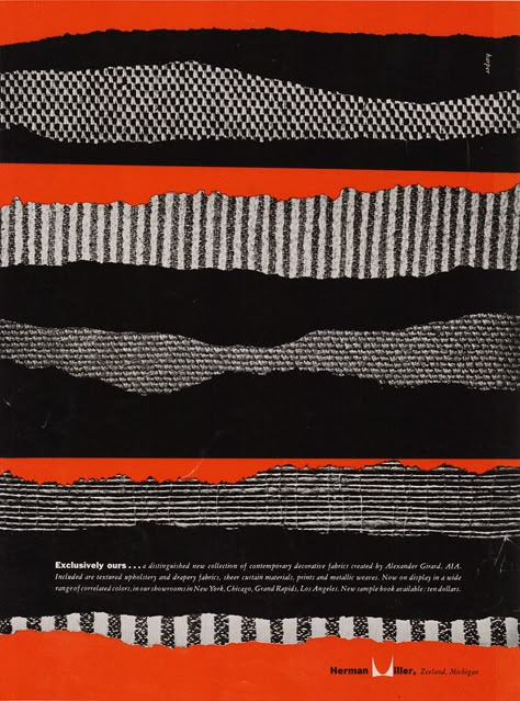 Irving Harper magazine Advertisement for Herman Miller Interiors: "Exclusively Ours," 1952. Magazine Advertisement, George Nelson, Herman Miller, Ex Libris, Modern Graphic Design, Drapery Fabric, Textile Patterns, Magazine Design, Textile Prints