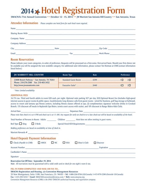 Smacna-08 - Hotel Reservation Form, Jw Marriott San Antonio, Reservation Form, Room Reservation, Registration Form, Welcome Drink, Front Office, Jw Marriott, Form Template