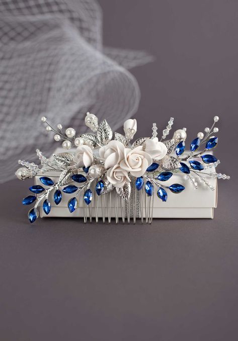 Blue Hair Piece, Accessories Design Sketch, Quinceanera Jewelry, Navy Blue Hair, Blue Hair Accessories, Rhinestone Hair Comb, Royal Blue Wedding, Crystal Hair Comb, Bride Hair Accessories