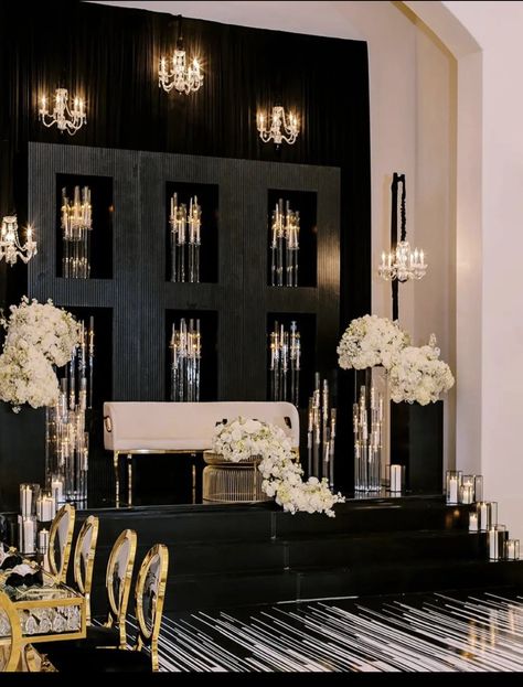 Black White And Gold Wedding Backdrop, Restoration Hardware Wedding, Black White Gold Wedding Theme, Black And White Reception, Candles Reception, Reception Stage Decor, Black And Gold Wedding, White Weddings Reception, Black And White Wedding Theme