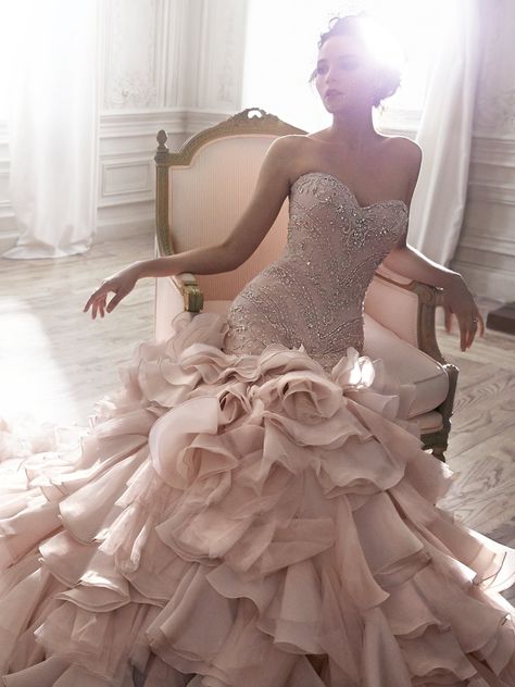 Serencia Blush Wedding Dress from Maggie Sottero | Blushing Brides: 10 Gowns That Will Make You Want a Blush Wedding Dress   | The Pink Bride®️ www.thepinkbride.com Blush Pink Wedding Dress, Robes Glamour, Blush Wedding Dress, Wedding Dresses Blush, Organza Wedding Dress, Maggie Sottero Wedding Dresses, Organza Wedding, Ruffle Wedding Dress, Pink Wedding Dress