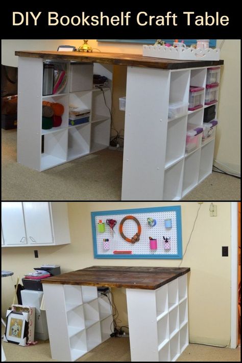 Designing Shelves, Small Bookshelves, Craft Tables With Storage, Craft Room Tables, Crafting Room, Craft Table Diy, Diy Bookshelf, Project Table, Dream Craft Room