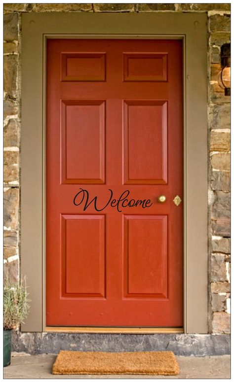 Welcome+Front+Door+Decal+Vinyl+Lettering+by+VinylDecorBoutique,+$5.00 Front Door Decals Vinyl, Brick House Front Door Colors, Orange Front Doors, Welcome Front Door, Exterior Door Colors, Front Door Decal, Orange Door, Vinyl House, Vinyl Doors