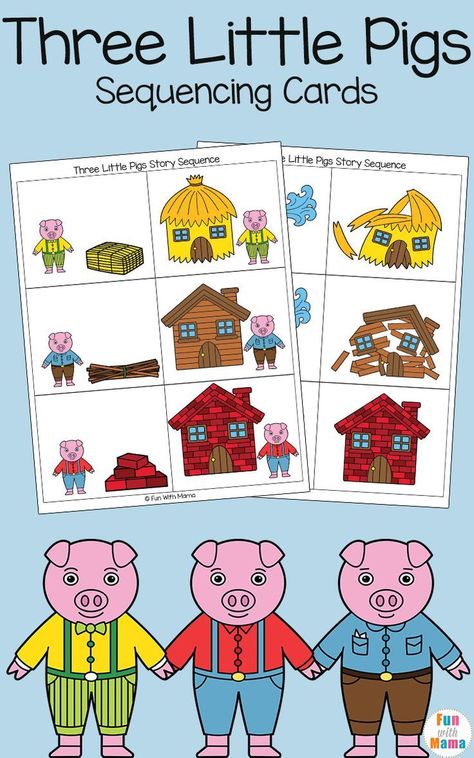 Add these free printable sequencing cards to your three little pigs craft activities for preschool and kindergarten kids. Children will love retelling this fairytale story via @funwithmama 3 Little Pigs Activities, Three Little Pigs Story, Three Little Pig, Retelling Activities, Fairy Tales Preschool, Fairy Tale Activities, Nursery Rhymes Preschool, Fairy Tales Unit, Pig Crafts