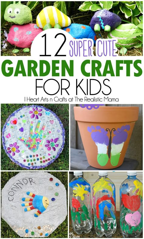 12 cute garden crafts to help get the kids involved! These include some easy art tutorials, while other ones will need some adult help for the finished project. Garden Crafts For Kids, Cute Garden, Crafty Kids, Crafts For Kids To Make, Childrens Crafts, Gardening For Kids, Garden Crafts, Craft Activities For Kids, Summer Crafts