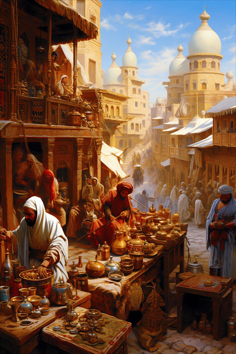 Merchant Aesthetic, Middle East Fantasy Art, Fantasy Middle East, Arab Fantasy Art, Arabic City Concept Art, Arabian City Fantasy Art, Ottoman Architecture, Fantasy Arabian City, Arab City Fantasy Art