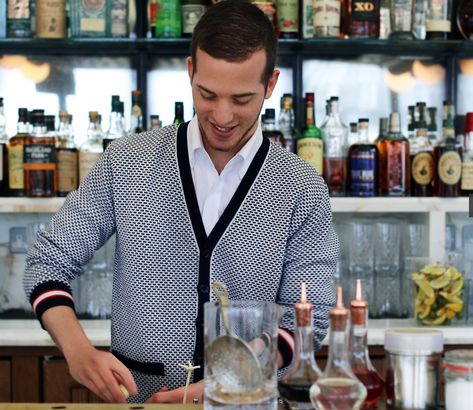 The Ned Hotel (London) = “The rooftop bar staff’s natty cardigans make them the best-dressed waiters in town.”   The Evening Standard, May 2017 Burgundy Cardigan Outfit, Browns Hotel London, Church Lobby Design, Hotel Lobby Lounge, The Ned, Marriot Hotel, Hotel Operations, Hotel Uniform, Staff Uniforms