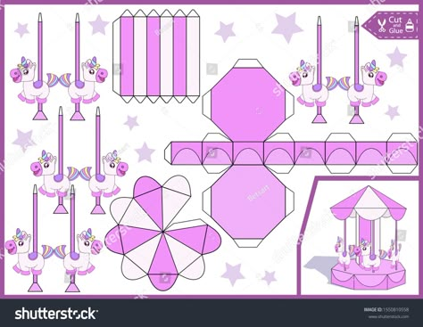 Cut and glue paper a roundabout with unicorns. Children craft worksheet. Art game. Kids crafts activity page. Create toys yourself. 3d gaming puzzle. Unicorns birthday decor. Vector illustration. #Ad , #Ad, #worksheet#craft#Art#Kids Circus Crafts, Idee Cricut, Cut And Glue, Folding Origami, Svg Kids, Gift Box Template, Paper Toy, 3d Paper Crafts, Box Template