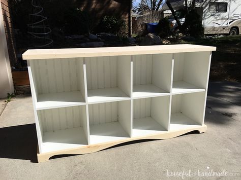 Console Table DIY from an upcycled cube bookcase Cubby Makeover, Storage Upcycle, Diy Bookcases, Console Table Diy, Ikea Cubbies, Diy Cube Storage, Ikea Cubes, Shelf Makeover, Upcycle Furniture