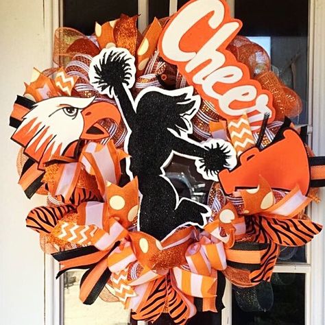 Cheerleading Wreath by Happy Door Wreaths School Spirit Wreaths For Front Door, Cheer Wreath, Cheer Crafts, Varsity Cheerleading, Wreath Centers, Sports Wreath, Locker Ideas, Cheer Signs, Cheer Ideas