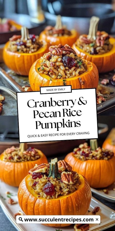 These Festive Stuffed Mini Pumpkins With Cranberry & Pecan Rice are a beautiful and delicious way to celebrate the fall season! Sweet mini pumpkins are filled with a savory-sweet rice mixture, featuring cranberries and crunchy pecans, perfect as a side dish or a stunning centerpiece for holiday dinners. Mini Pumpkin Recipes, Stuffed Mini Pumpkins, Pecan Rice, Roasted Pumpkin Recipes, Creamy Pumpkin Soup, Pumpkin Vegetable, Rice Stuffing, Pumpkin Dishes, Sweet Rice