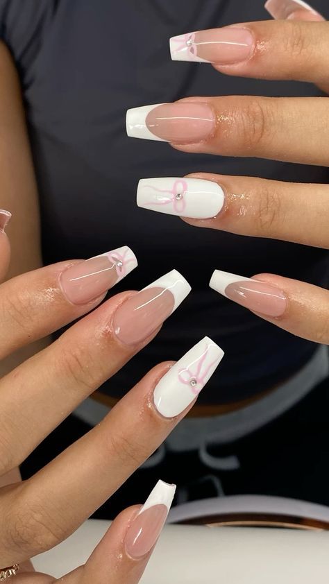 Nails Inspo Pink And White, Coffin Shaped White Nails, White And Pink Coffin Nails, Pink Prom Nails Square, Nail Inspo Trendy White, Pink Or White Nails, Pink Girly Nails Design, Plain White Nails With Design, White Pink Nails Design