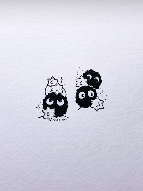 Soot Spirit Drawing, Matching Totoro Tattoos, Soot Spirit Tattoo, Soot Sprite Drawing, Studio Ghibli Silhouette, Howls Moving Castle Tattoo Calcifer, Soot Sprite Tattoo, Tattoo Learning, Totoro Soot Sprites