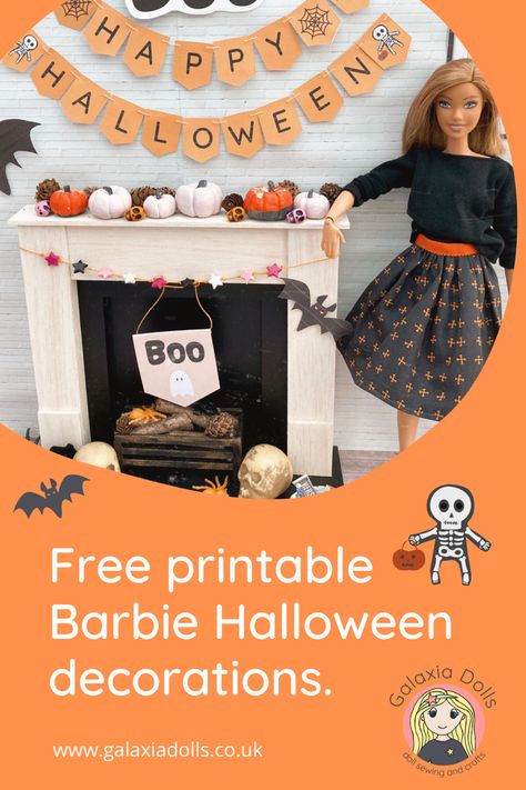 Get your dolls ready for Halloween with these cute printable decorations from Galaxia Dolls. Includes Happy Halloween banner in pink and orange, bats, Halloween pictures, ‘boo’ banners and more. Perfect for your doll Halloween Party! #halloween #halloweendecor #barbie #sindy #blythe #bjd #dolldiy #crafts #printable Halloween Dollhouse Printables, Free Halloween Dollhouse Printables, Halloween Barbie Decorations, Dollhouse Halloween Decorations, Barbie Doll Printables, Barbie Halloween Decorations, Barbie Pumpkin Decorating, Halloween Dollhouse Diy, Diy Barbie Stuff