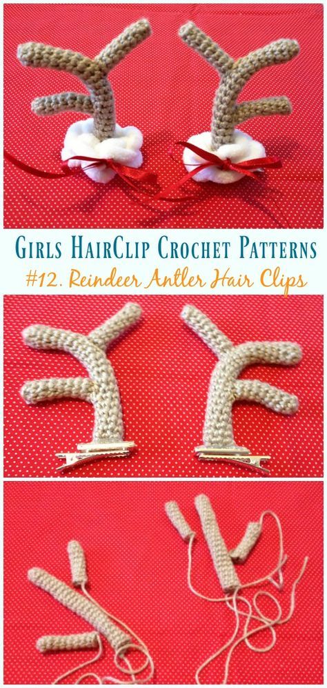 Crochet Halloween Hair Clips, Christmas Crochet Hair Accessories, Crochet Antlers Pattern Free, Crocheted Reindeer Free Pattern, Crochet Bow Hair Clip, Crochet Christmas Hair Clips, Free Crochet Hair Accessories Patterns, Crochet Christmas Hair Accessories, Crochet Hair Bows Free Pattern