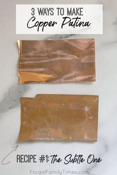 Wondering how to turn copper green? I've got the copper patina solution recipes for you! We're adding patina copper sheets to our stairs, but first I needed to experiment to find the perfect copper patina recipe. Here you'll find three: one subtle patina'd copper, second a green copper verdigris, the last a blue patina on copper. So many crafty ideas! Patina Diy, Copper Verdigris, Tub Room, Copper Etching, Old Basement, Patina Jewelry, Stair Makeover, Patina Green, Patina Copper