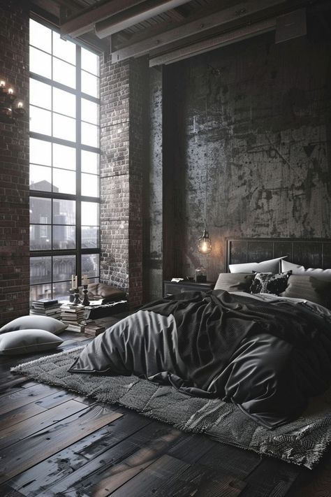 Urban Loft Apartment, Modern Industrial Bedroom, Bedroom Inspiration Grey, Industrial Bedroom Design, Black Bedroom Decor, Masculine Bedroom, Moody Bedroom, Industrial Bedroom, Loft Interiors