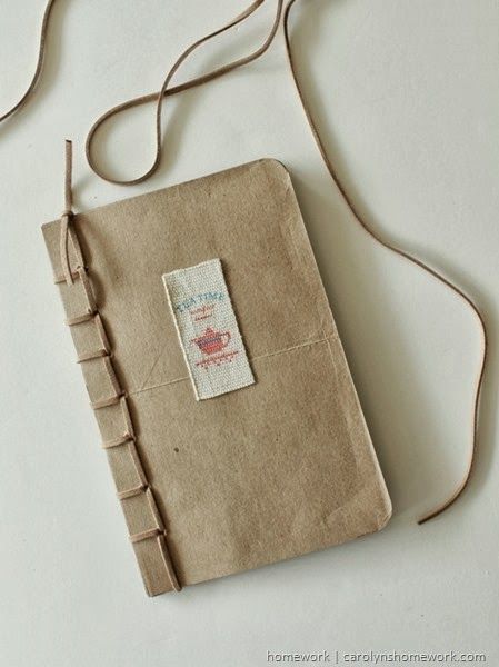 Recyled Grocery Bag Book - Fiskars Art Tools via homework #shop Paper Bag Books, Book Binding Diy, Book Diy, Bookmaking, Fabric Journals, Handmade Book, Handmade Journals, Paper Book, Handmade Books