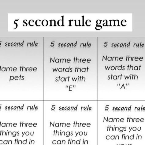 Stephanie Homeschooler on Instagram: "5 Second Rule. Have you played this game? Oh my gosh you are going to love playing this with your kids. The kids have so much fun with it and it is so quick and easy to play in the car, at a restaurant, and every place in between and it is great for critical thinking and cognitive development! Save this post so you have it and tag a friend who would love this! . .. . #homeschool5secondgame #homeschoolgames" 5 Second Game Questions, 5 Second Rule Game, Name 5 Things Game, 5 Second Rule Game Questions, 5 Second Rule, Games To Play In The Car, Classroom Games Elementary, Homeschool Games, Rules For Kids