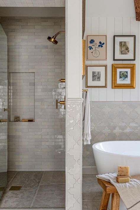 Neutral Tile Walk-In Shower Separated From Tub Area by Wall | HGTV Separate Tub And Shower Ideas, Bathtub In Shower Walk In, White Contemporary Kitchen, My Own Space, Dividing Wall, Tile Walk In Shower, Firefly Lane, Cozy Contemporary, Blue Subway Tile