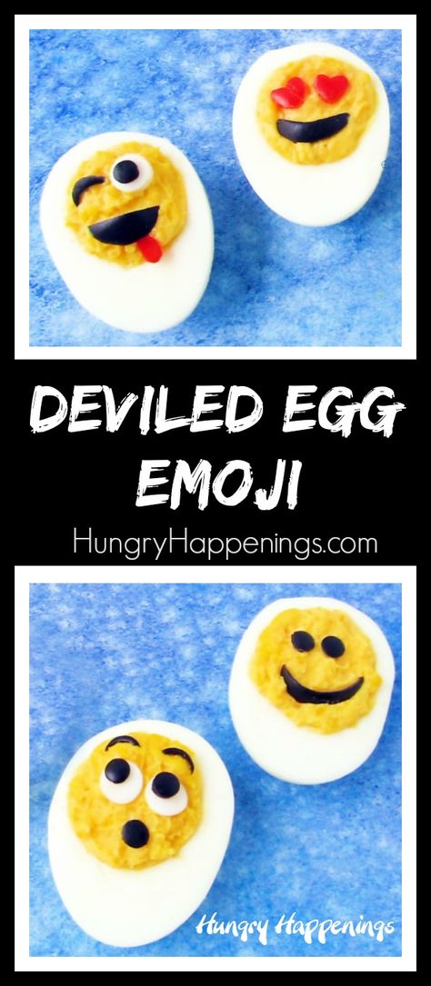 Bring some smiles to the table when you serve Deviled Egg Emoji. These fun appetizers are great for Easter, picnics, or potlucks and are easy to make using black olives and sweet red bell peppers. Emoji Party Food, Egg Emoji, Fun Appetizers, Emoji Food, Pear And Almond Cake, Emoji Cake, Emoji Birthday Party, Red Bell Peppers, Delicious Clean Eating