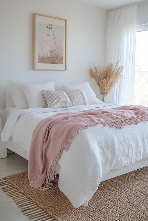 Neutral Pink Bed, White Bed Bedroom Decor, Bedroom Comfy Ideas, Coastal Pink Bedrooms, White And Pink Bedroom Decor, Pink White Bedroom Aesthetic, Subtle Pink Apartment, Clean Looking Bedroom Ideas, Simple Room Ideas For Women