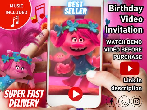 Trolls Invitation, Poppy Birthday, Hello Party, Poppy Trolls, Trolls Poppy, Troll Party, Animated Invitations, Trolls Movie, Music Birthday