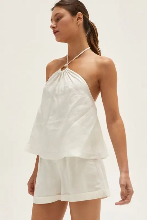 Linen Halter Top, Halter Tops Outfit, Indian Outfits Modern, White Halter Top, Shandy, Linen Fashion, Spring Outfits 2022, Halter Neck Top, Contemporary Outfits