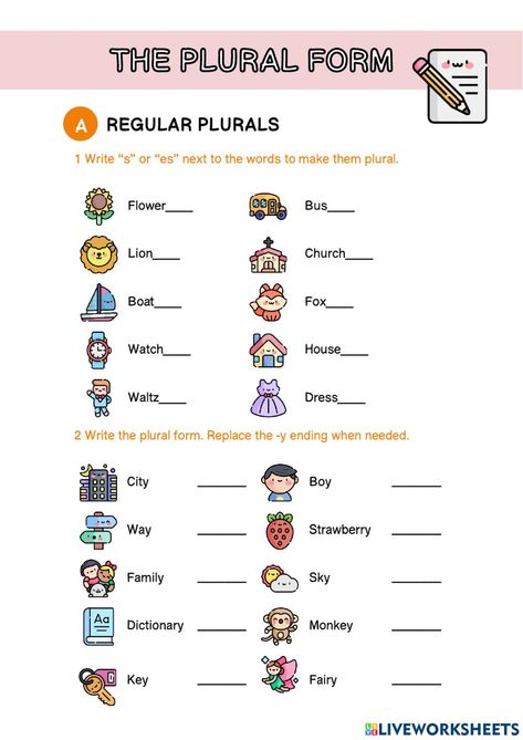 Regular Nouns Plural, Regular Plural Nouns Worksheet, Singular And Plural Worksheet, Singular Plural Worksheets, Regular And Irregular Plural Nouns, Nouns For Kids, Regular Nouns, Plurals Worksheets, Plural Nouns Worksheet