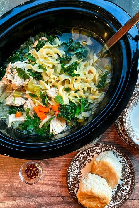 Classic healthy feel better soup - this Slow Cooker Chicken Noodle Soup is a gift to yourself on cold, frigid days or when you're just craving a bowl of comfort. #slowcooker #soup #chicken #chickennoodle #healthyrecipes #31Daily Feel Better Soup, Slow Cooker Chicken Noodle, Chicken Noodle Soup Ingredients, Slow Cooker Chicken Noodle Soup, Soup With Kale, Slow Cooker Kitchen, Tuscan Bean Soup, 31 Daily, Soup Chicken