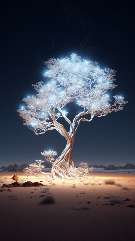 Glowing white tree in desert at the night, digital art 3d render. Glowing Tree Fantasy Art, Digital Tree Art, Glowing Tree Art, Glowing Digital Art, Night Desert Art, Boho Themed Bathroom, Gray Bathroom Tile, Tree In Desert, Gray Tile Bathroom