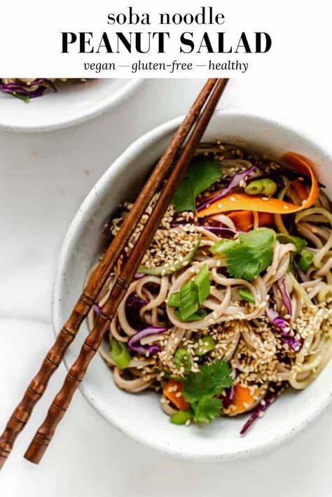 This Soba Noodle Salad with Spicy Peanut Sauce is loaded with ingredients like cucumber, carrots and red cabbage and topped off with sliced green onions and sesame seeds! #vegan #glutenfree #sobanoodles #peanutsauce Cold Soba Noodles, Soba Noodles Recipe, Soba Noodle Salad, Cold Soba, Peanut Salad, Soba Noodles Salad, Soba Noodle, Spicy Peanut Sauce, Vegan Salad Recipes