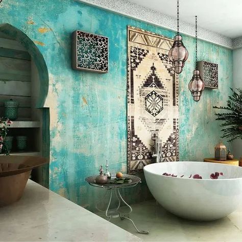 Modern Bohemian Bathroom, Moroccan Style Bathroom, Bohemian Bathroom Decor, Moroccan Bathroom, Moroccan Interior Design, Bohemian Bathroom, Boho Bathroom Decor, Moroccan Interiors, Bathroom Red