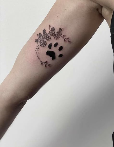 Pet Paw Print Tattoos, Dog Print Tattoo Ideas Memories, Dog Floral Tattoo, Unique Dog Tattoos, Paw Print Tattoo With Flowers, Paw Print With Flowers Tattoo, Floral Dog Tattoo, Paw Print Memorial Tattoo, Dog Nose Tattoo