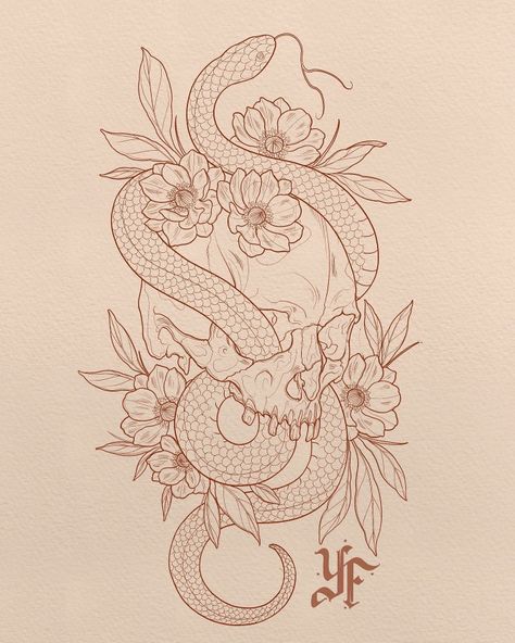 Back Tattoo Designs Drawings, 2 Headed Snake Drawing, Snake And Mushroom Tattoo, Skull Snake Flower Tattoo, Snake And Flower Tattoos For Women, Snake Flower Tattoo Design, Snake And Flowers Tattoo Design, Anaconda Tattoo, Most Popular Tattoos For Women