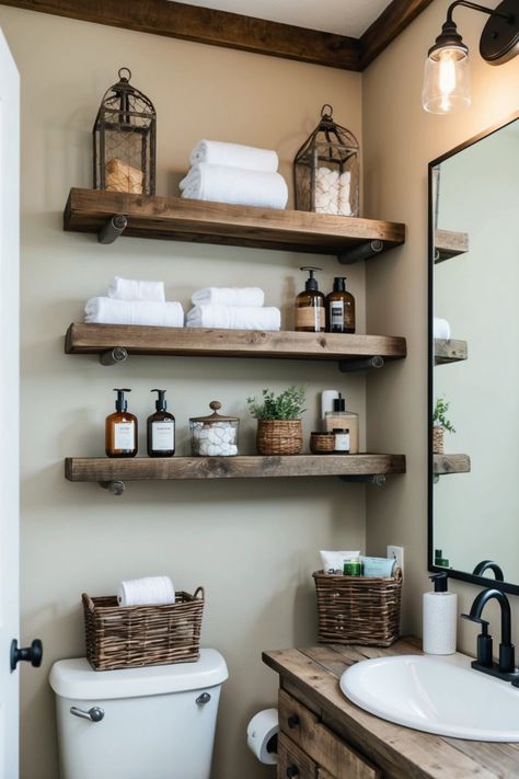 A collection of 22 charming farmhouse bathroom ideas featuring vintage decor, wooden elements, and cozy designs that enhance rustic elegance based on fresh remodel concepts using 1 image. Bathrooms Country Style, Bathroom Shelving Ideas Over Toilet, Country Farmhouse Decor Bathroom, Country Bathroom Ideas, Farmhouse Bathroom Ideas, Reclaimed Wood Floating Shelves, Shiplap Walls, Metal Wall Shelves, Charming Farmhouse