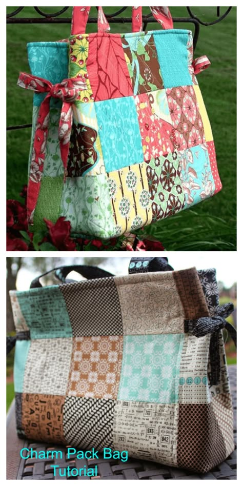 Quilted Tote Bags Patterns, Quilted Bag Patterns, Sewing Tutorials Bags, Tote Bag Pattern Free, Charm Pack Quilt, Patchwork Tote Bags, Sacs Tote Bags, Tote Bag Tutorial, Fabric Sewing Patterns