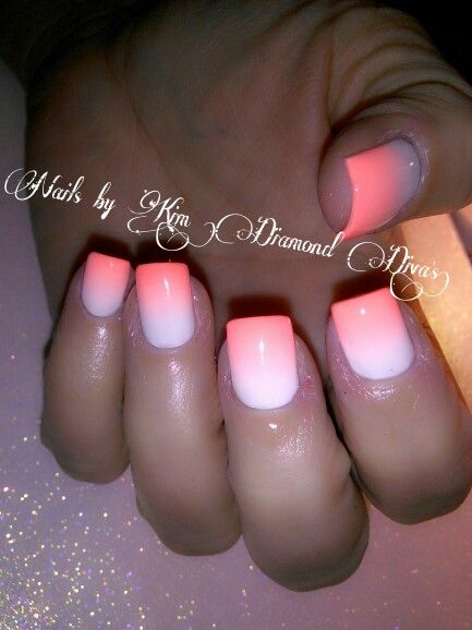 Coral and white ombre nails Coral White Ombre Nails, Spring Ombre Dip Nails, Spring Ombré Nails, Coral And White Ombre Nails, Carribean Vacation Nails, Ombre Nails Coral And White, Summer Acrylic Nails Coral Ombre, White And Coral Nails, Coral Ombre Nails Summer