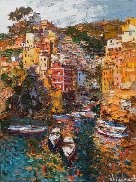 Cinque Terre Painting Easy, Oil Painting Italy, Cinque Terre Art, Cinque Terre Italy Painting, Cinque Terre Painting, Greece Landscape, Greek Paintings, Italy Landscape, Beach Artwork