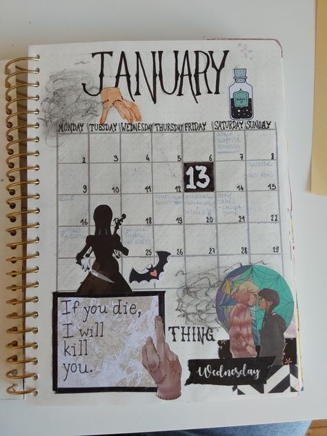 Wednesday Addams Journal, Wednesday Journal, January Bujo, 2024 Bullet Journal, Bullet Journal Page, Movie Journal, Drawing Journal, Sunday Monday Tuesday, Monday Tuesday Wednesday